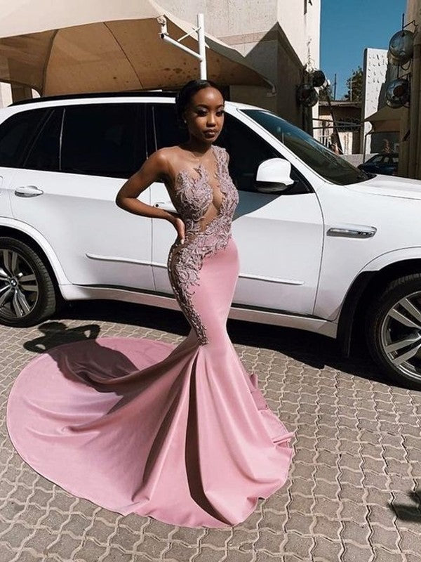 Wholesale Trumpet/Mermaid Charmeuse Applique Jewel Sleeveless Sweep/Brush Train Dresses
